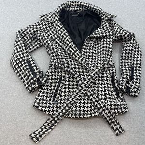 Jou Jou Jacket Womens Size Small Coat Black & White Houndstooth Belted Zip Cuffs